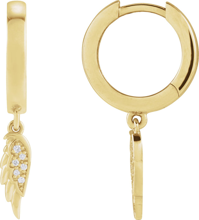 14K Gold Round Natural Diamond Angel Wing Hinged Hoop Earrings - Yellow Gold