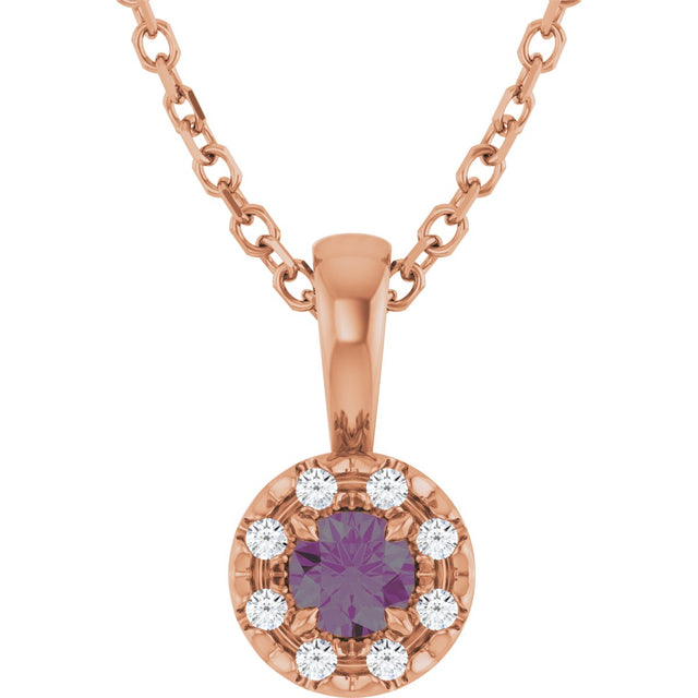14K Gold Emerald Lab-Grown Alexandrite Halo-Style Necklace or Pendant - Rose Gold