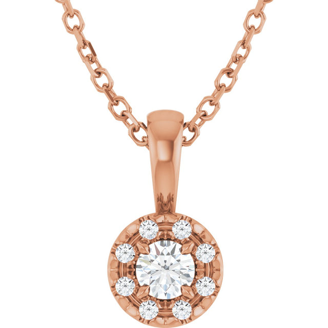 14K Gold Emerald Natural White Sapphire Halo-Style Necklace or Pendant - Rose Gold