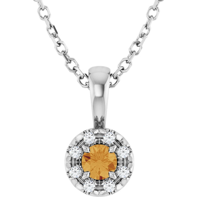 14K Gold Emerald Natural Citrine Halo-Style Necklace or Pendant - White Gold