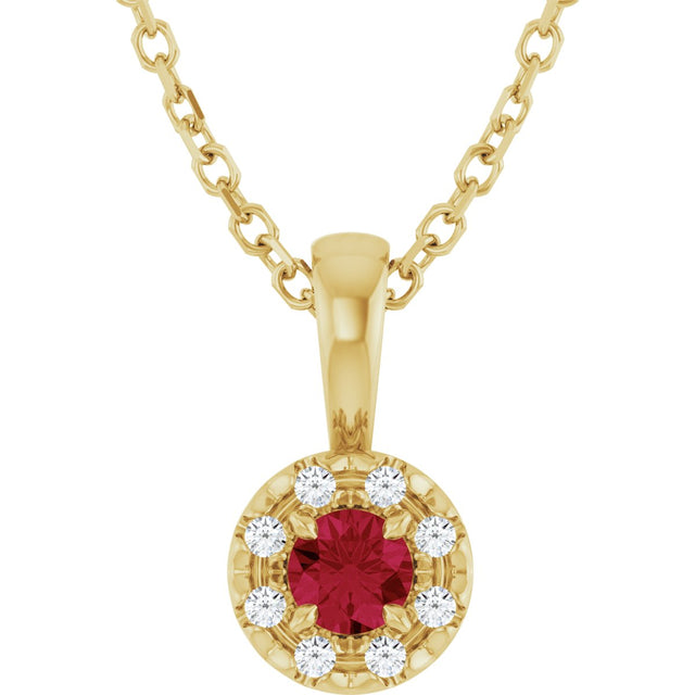 14K Gold Emerald Lab-Grown Ruby Halo-Style Necklace or Pendant - Yellow Gold