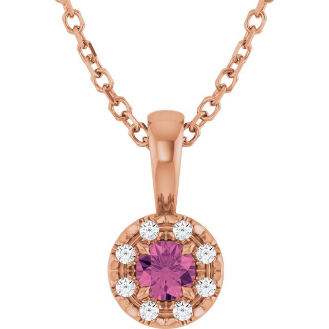 14K Gold Emerald Natural Pink Tourmaline Halo-Style Necklace or Pendant - Rose Gold