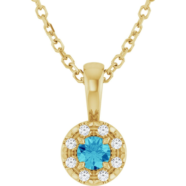 14K Gold Emerald Natural Blue Zircon Halo-Style Necklace or Pendant - Yellow Gold