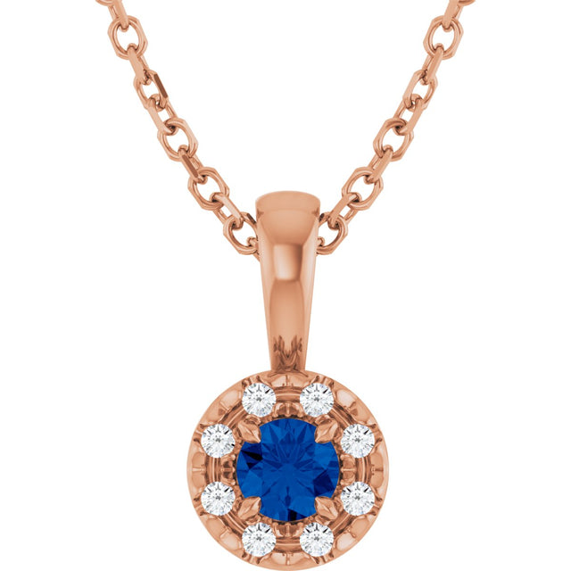 14K Gold Emerald Natural Blue Sapphire Halo-Style Necklace or Pendant - Rose Gold