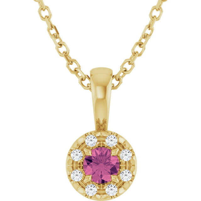 14K Gold Emerald Natural Pink Tourmaline Halo-Style Necklace or Pendant - Yellow Gold