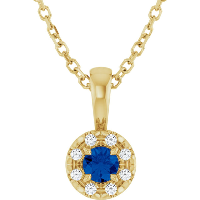 14K Gold Emerald Lab-Grown Blue Sapphire Halo-Style Necklace or Pendant - Yellow Gold