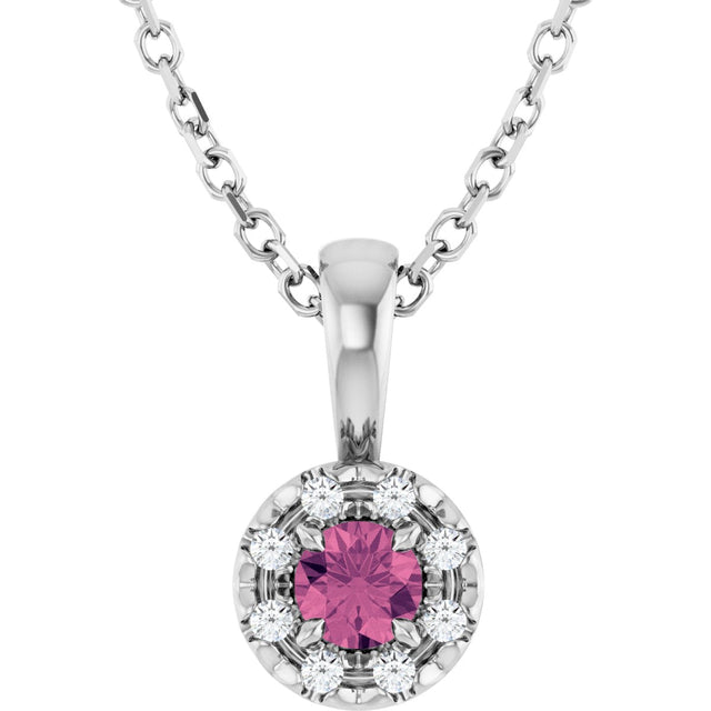 14K Gold Emerald Natural Pink Tourmaline Halo-Style Necklace or Pendant - White Gold