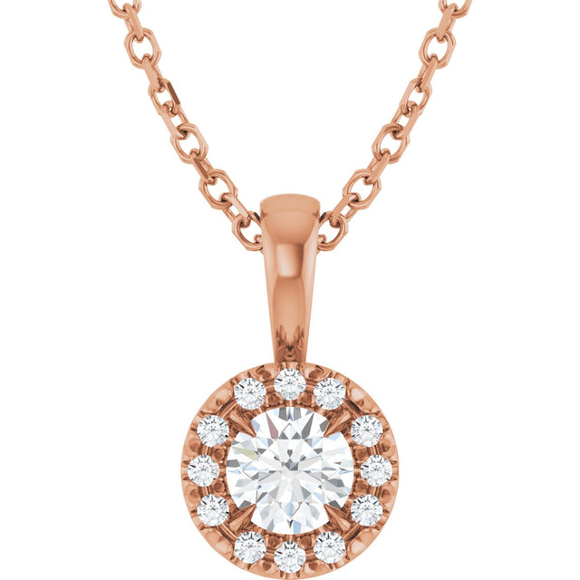 14K Gold Emerald Natural White Sapphire Halo-Style Necklace or Pendant - Rose Gold