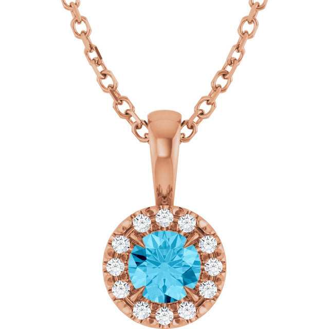 14K Gold Emerald Natural Aquamarine Halo-Style Necklace or Pendant - Rose Gold