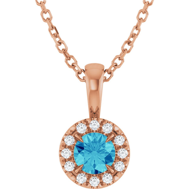 14K Gold Emerald Natural Blue Zircon Halo-Style Necklace or Pendant - Rose Gold