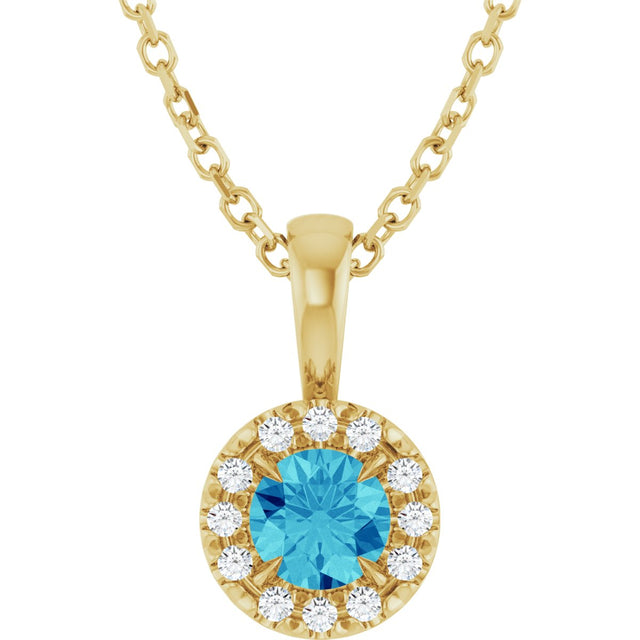 14K Gold Emerald Natural Blue Zircon Halo-Style Necklace or Pendant - Yellow Gold