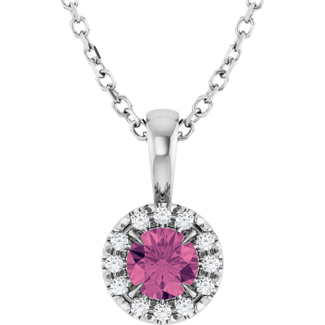 14K Gold Emerald Natural Pink Tourmaline Halo-Style Necklace or Pendant - White Gold