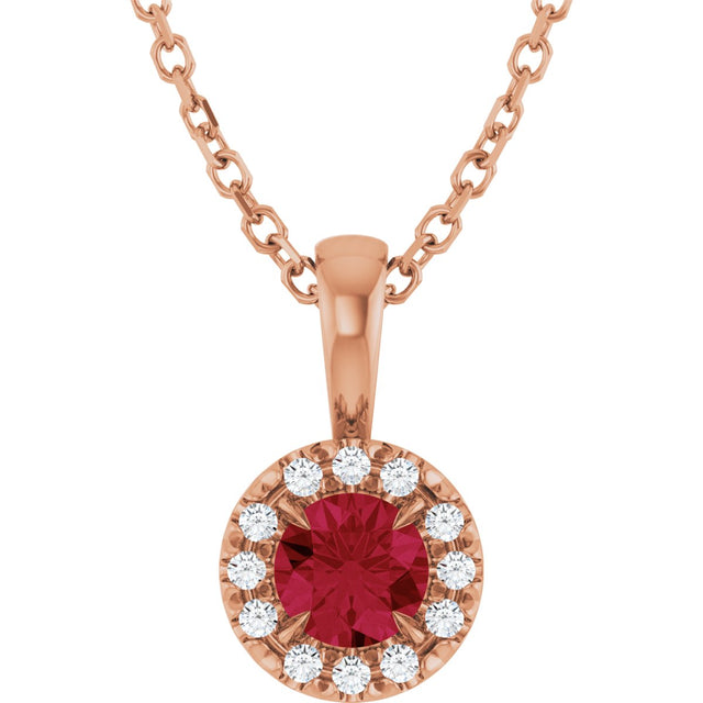 14K Gold Emerald Lab-Grown Ruby Halo-Style Necklace or Pendant - Rose Gold
