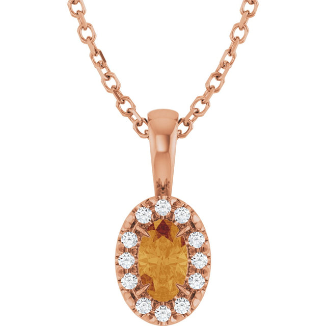 14K Gold Emerald Natural Citrine Halo-Style Necklace or Pendant - Rose Gold