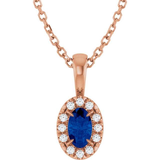 14K Gold Emerald Natural Blue Sapphire Halo-Style Necklace or Pendant - Rose Gold