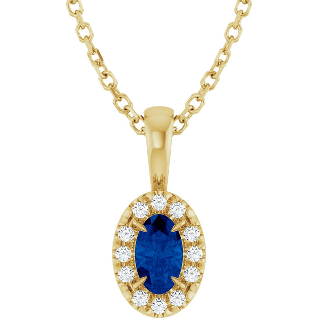14K Gold Emerald Lab-Grown Blue Sapphire Halo-Style Necklace or Pendant - Yellow Gold