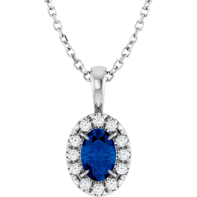 14K Gold Emerald Natural Blue Sapphire Halo-Style Necklace or Pendant - White Gold
