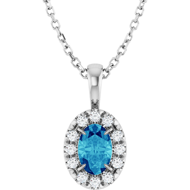 14K Gold Emerald Natural Blue Zircon Halo-Style Necklace or Pendant - White Gold