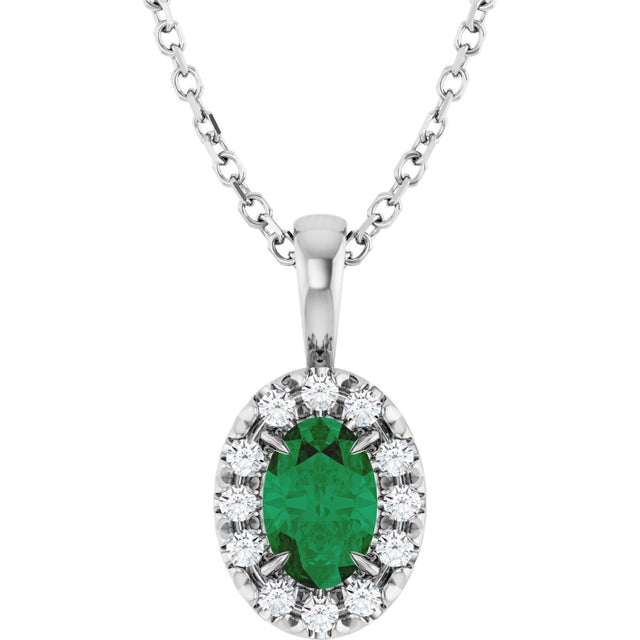 14K Gold Emerald Lab-Grown Emerald Halo-Style Necklace or Pendant - White Gold