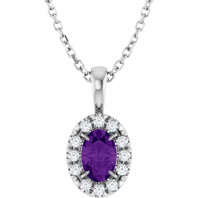 14K Gold Emerald Natural Amethyst Halo-Style Necklace or Pendant - White Gold