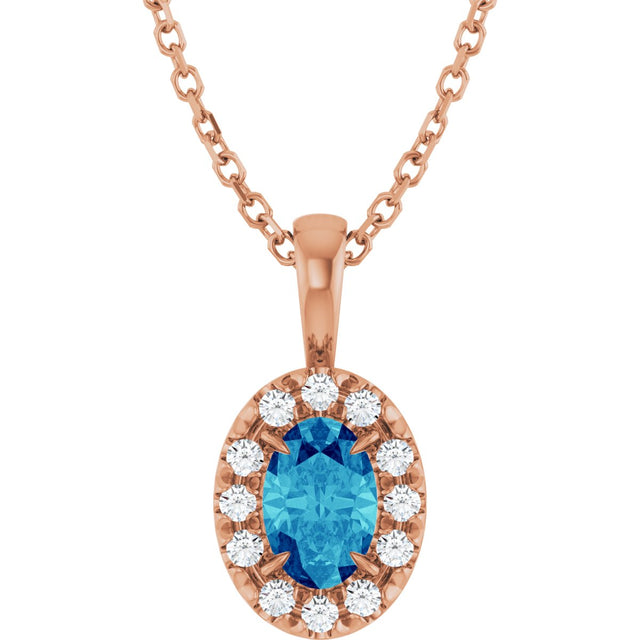 14K Gold Emerald Natural Blue Zircon Halo-Style Necklace or Pendant - Rose Gold