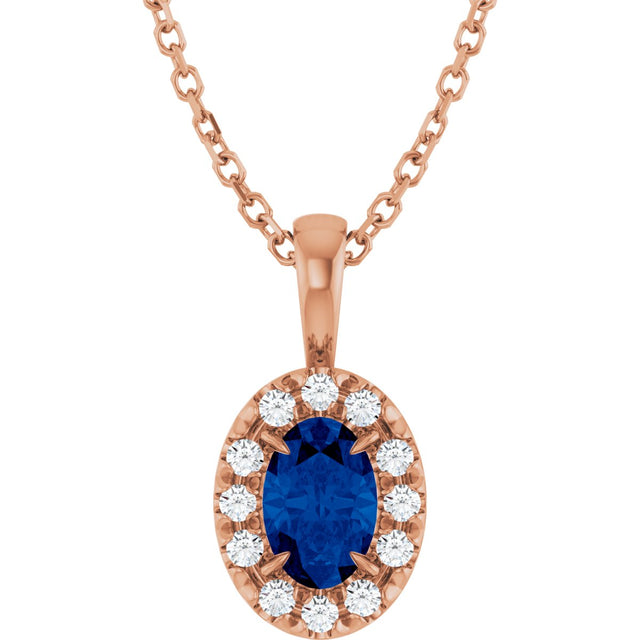 14K Gold Emerald Natural Blue Sapphire Halo-Style Necklace or Pendant - Rose Gold