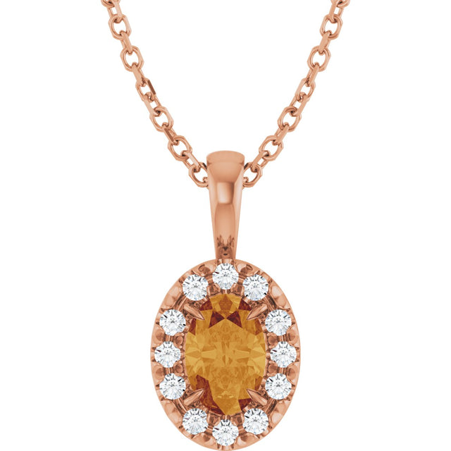 14K Gold Emerald Natural Citrine Halo-Style Necklace or Pendant - Rose Gold
