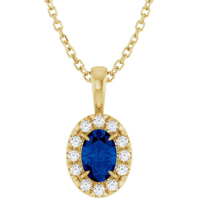 14K Gold Emerald Natural Blue Sapphire Halo-Style Necklace or Pendant - Yellow Gold