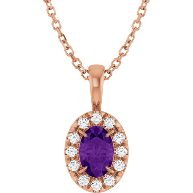 14K Gold Emerald Natural Amethyst Halo-Style Necklace or Pendant - Rose Gold
