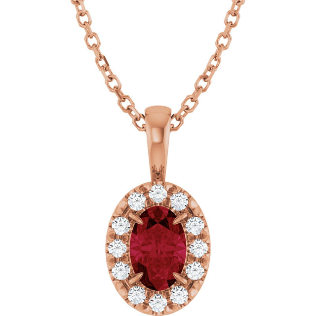 14K Gold Emerald Natural Ruby Halo-Style Necklace or Pendant - Rose Gold