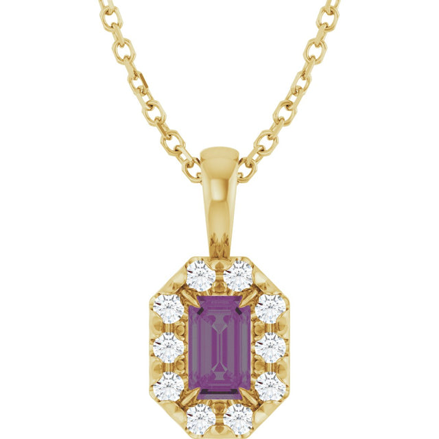 14K Gold Emerald Lab-Grown Alexandrite Halo-Style Necklace or Pendant - Yellow Gold