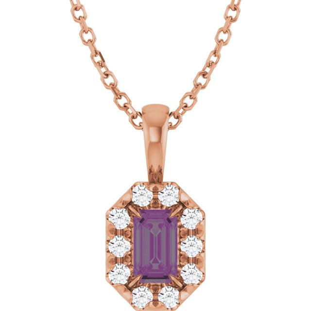 14K Gold Emerald Lab-Grown Alexandrite Halo-Style Necklace or Pendant - Rose Gold