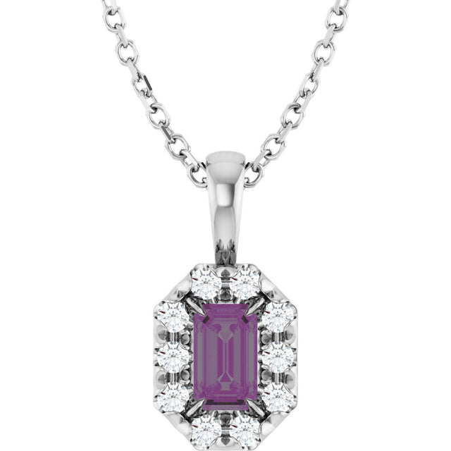Platinum Emerald Lab-Grown Alexandrite Halo-Style Necklace or Pendant