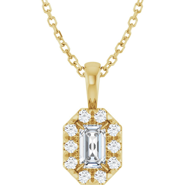 14K Gold Emerald Natural White Sapphire Halo-Style Necklace or Pendant - Yellow Gold