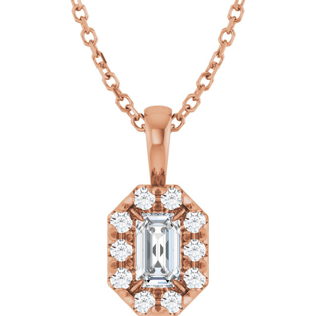 14K Gold Emerald Natural White Sapphire Halo-Style Necklace or Pendant - Rose Gold