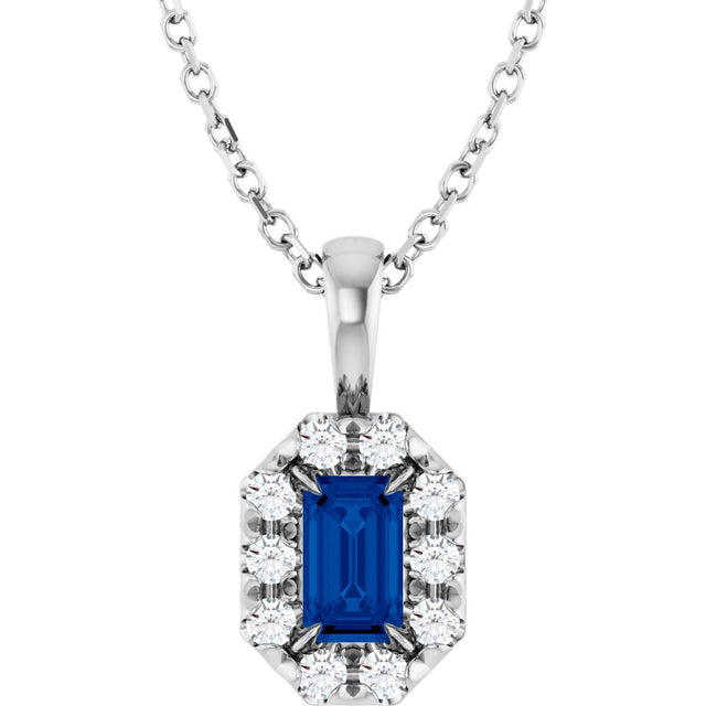 Platinum Emerald Natural Blue Sapphire Halo-Style Necklace or Pendant