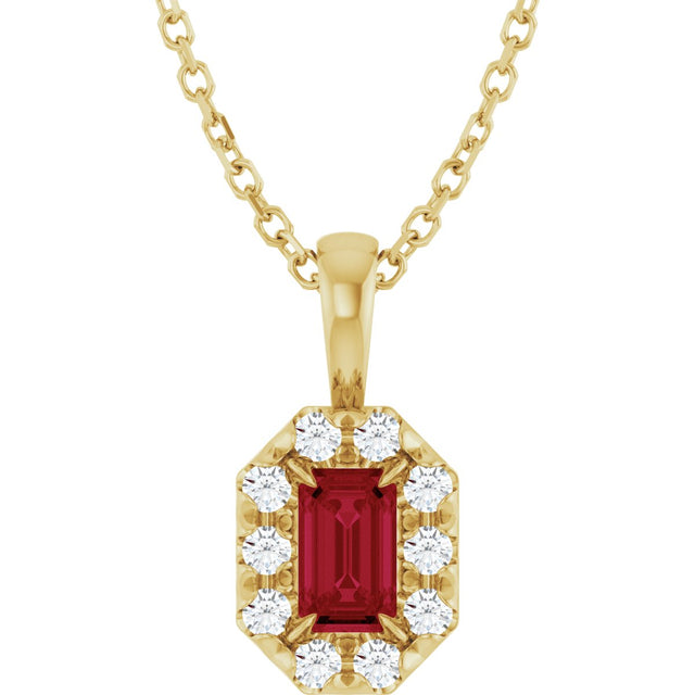 14K Gold Emerald Lab-Grown Ruby Halo-Style Necklace or Pendant - Yellow Gold