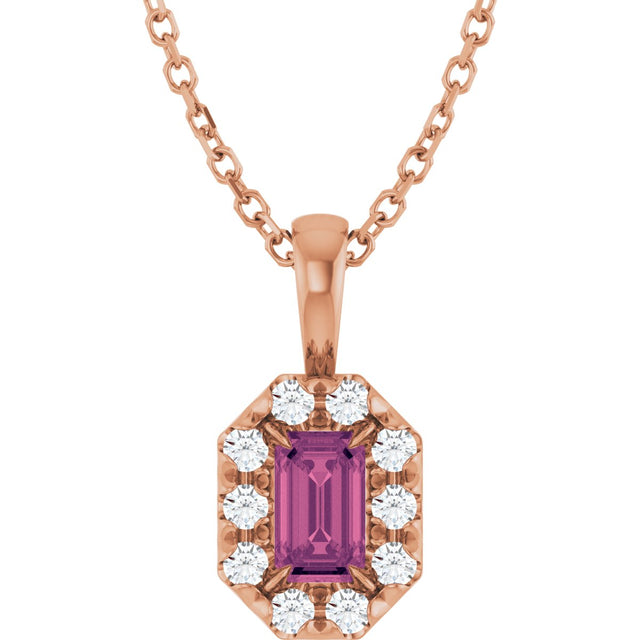 14K Gold Emerald Natural Pink Tourmaline Halo-Style Necklace or Pendant - Rose Gold