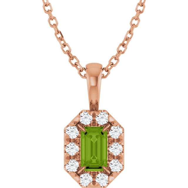 14K Gold Emerald Natural Peridot Halo-Style Necklace or Pendant - Rose Gold