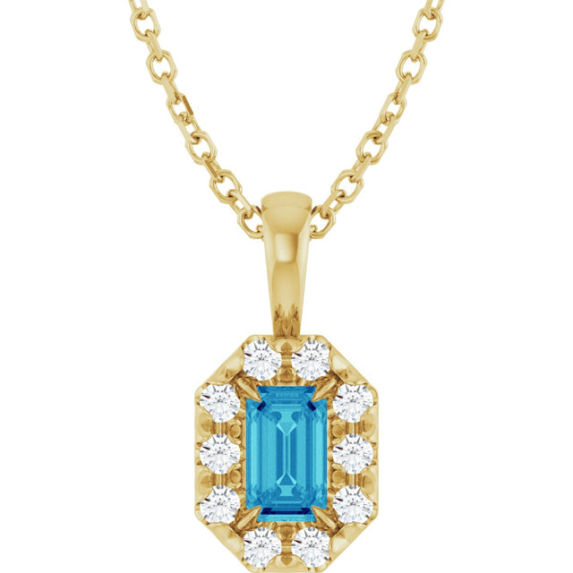 14K Gold Emerald Natural Blue Zircon Halo-Style Necklace or Pendant - Yellow Gold