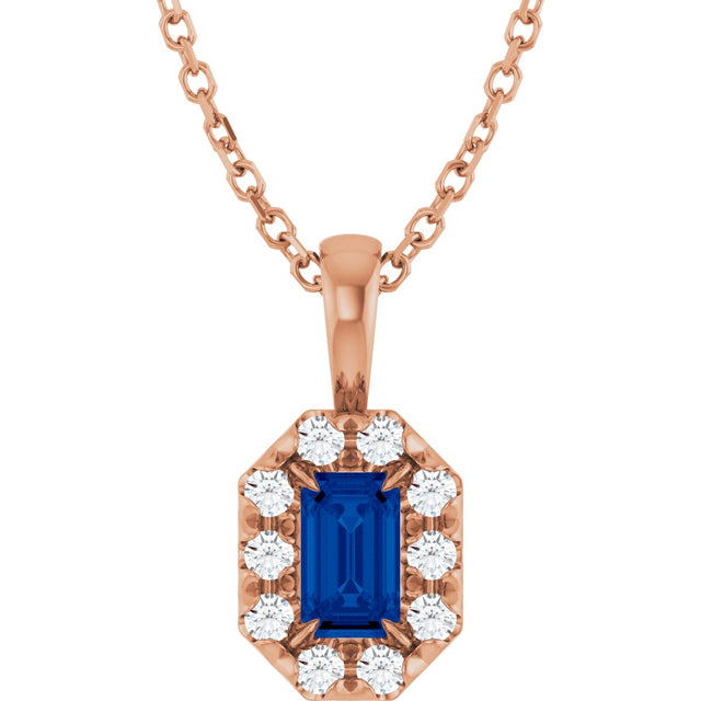 14K Gold Emerald Lab-Grown Blue Sapphire Halo-Style Necklace or Pendant - Rose Gold