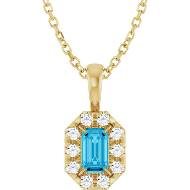 14K Gold Emerald Natural Aquamarine Halo-Style Necklace or Pendant - Yellow Gold
