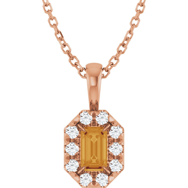 14K Gold Emerald Natural Citrine Halo-Style Necklace or Pendant - Rose Gold