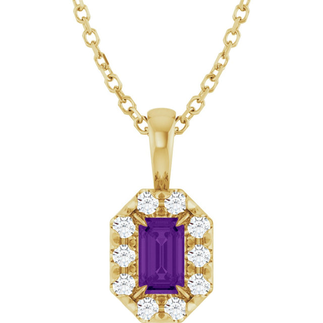 14K Gold Emerald Natural Amethyst Halo-Style Necklace or Pendant - Yellow Gold