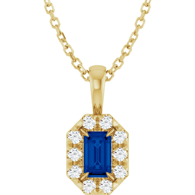 14K Gold Emerald Lab-Grown Blue Sapphire Halo-Style Necklace or Pendant - Yellow Gold