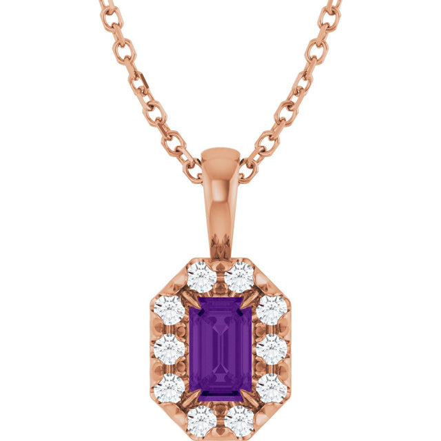 14K Gold Emerald Natural Amethyst Halo-Style Necklace or Pendant - Rose Gold