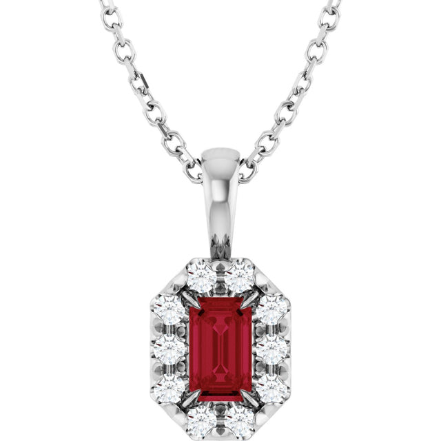 14K Gold Emerald Lab-Grown Ruby Halo-Style Necklace or Pendant - White Gold