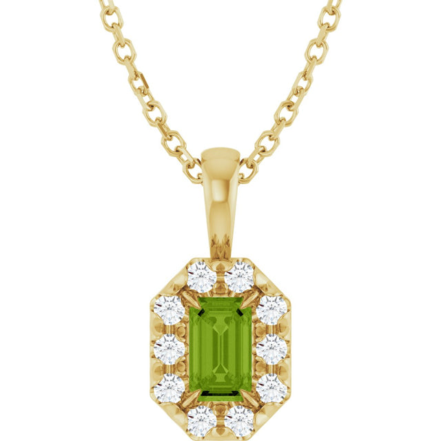 14K Gold Emerald Natural Peridot Halo-Style Necklace or Pendant - Yellow Gold