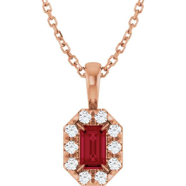 14K Gold Emerald Lab-Grown Ruby Halo-Style Necklace or Pendant - Rose Gold