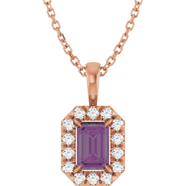 14K Gold Emerald Lab-Grown Alexandrite Halo-Style Necklace or Pendant - Rose Gold